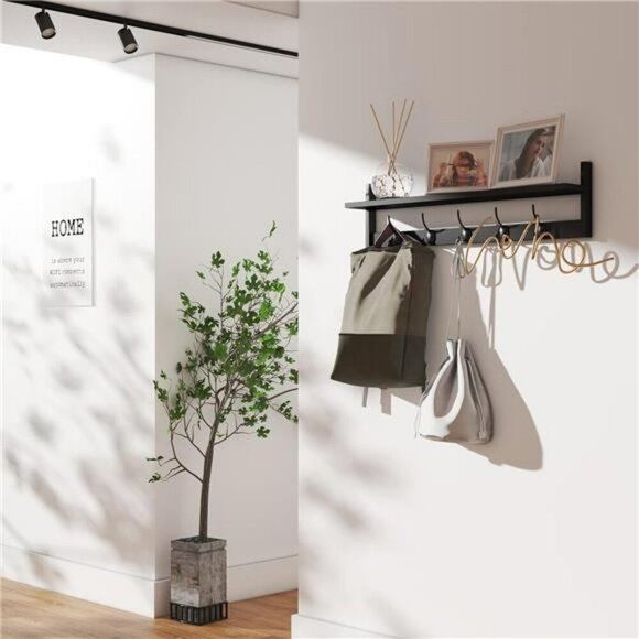 Wall Mounted Shelf With Hooks Entryway Organizer Rack Black Wood Hanging Shelf - Picture 4 of 8